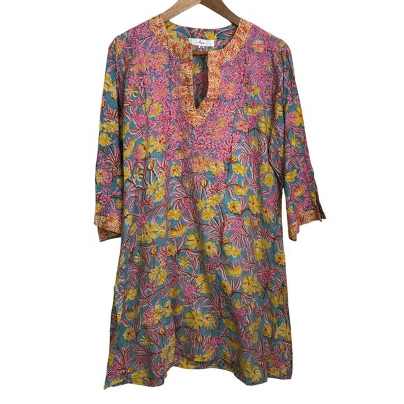 Amaya Size 46 XL Hand Block Printed Embroidered Floral Tunic Cover Up Dress - Picture 1 of 7